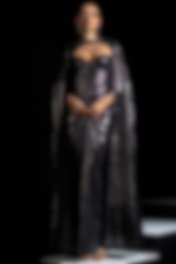 Metallic Grey Metallic Lycra Draped Engagement Gown With Cape by Vesture at Pernia's Pop Up Shop