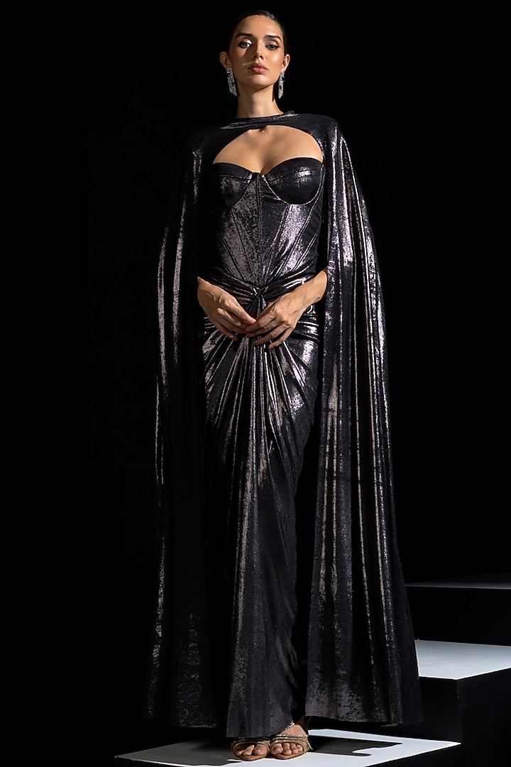 Metallic Grey Metallic Lycra Draped Engagement Gown With Cape by Vesture at Pernia's Pop Up Shop