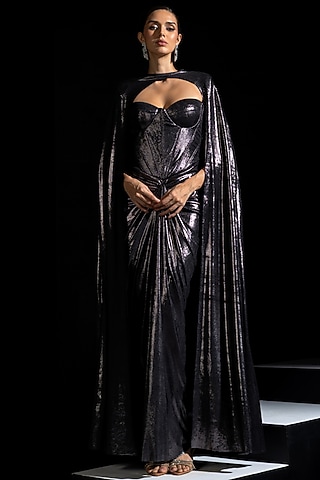 Metallic Grey Metallic Lycra Draped Gown With Cape by Vesture