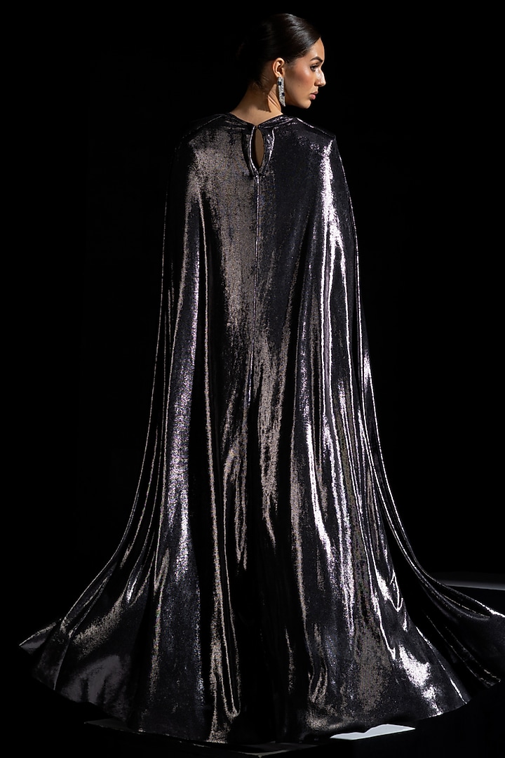 Metallic Grey Metallic Lycra Draped Engagement Gown With Cape by Vesture at Pernia's Pop Up Shop