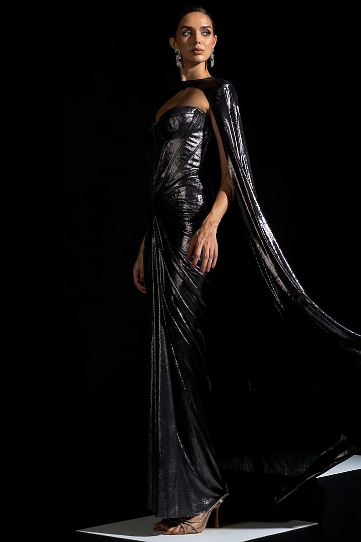 Pernia's Pop Up Shop - Vesture Women Metallic Grey Metallic Lycra Draped Gown With Cape Pernia's Pop Up Shop - Vesture Women Metallic Grey Metallic Lycra Draped Gown With Cape