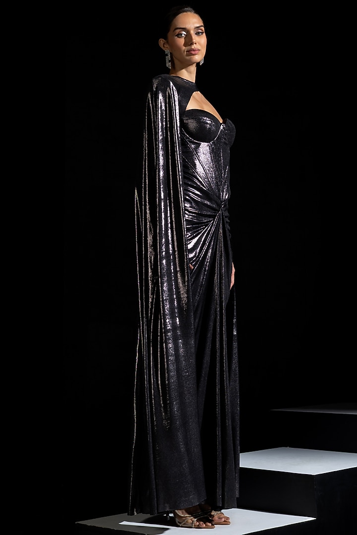 Metallic Grey Metallic Lycra Draped Engagement Gown With Cape by Vesture at Pernia's Pop Up Shop