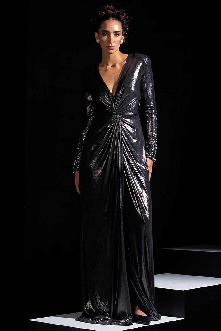 Metallic Grey Metallic Lycra Embellished Engagement Gown by Vesture at Pernia's Pop Up Shop
