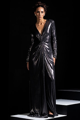 Metallic Grey Metallic Lycra Embellished Gown by Vesture