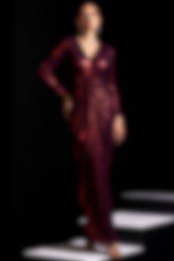 Metallic Red Metallic Mesh Draped Party Wear Gown by Vesture at Pernia's Pop Up Shop