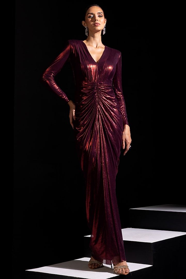 Metallic Red Metallic Mesh Draped Party Wear Gown by Vesture at Pernia's Pop Up Shop