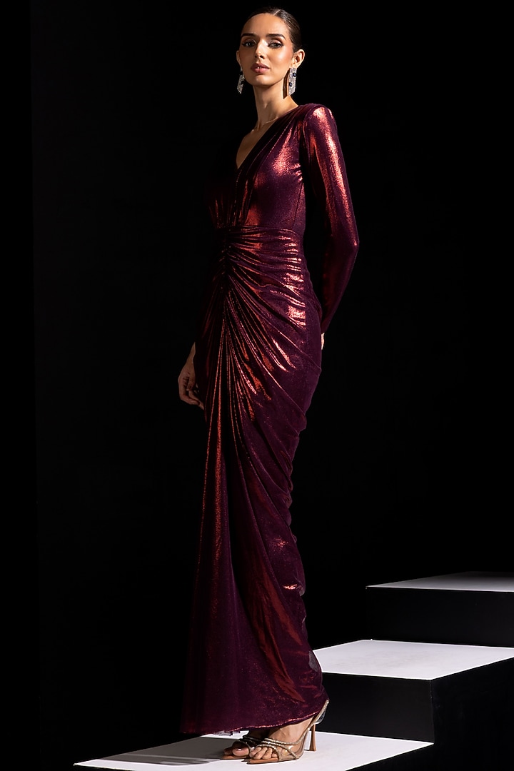 Metallic Red Metallic Mesh Draped Party Wear Gown by Vesture at Pernia's Pop Up Shop