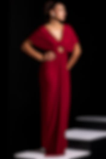 Deep Red Mesh Lycra Draped Party Wear Gown by Vesture at Pernia's Pop Up Shop