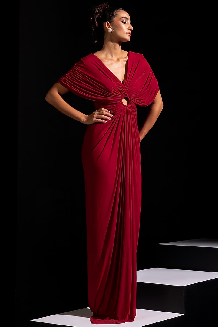 Deep Red Mesh Lycra Draped Party Wear Gown by Vesture at Pernia's Pop Up Shop