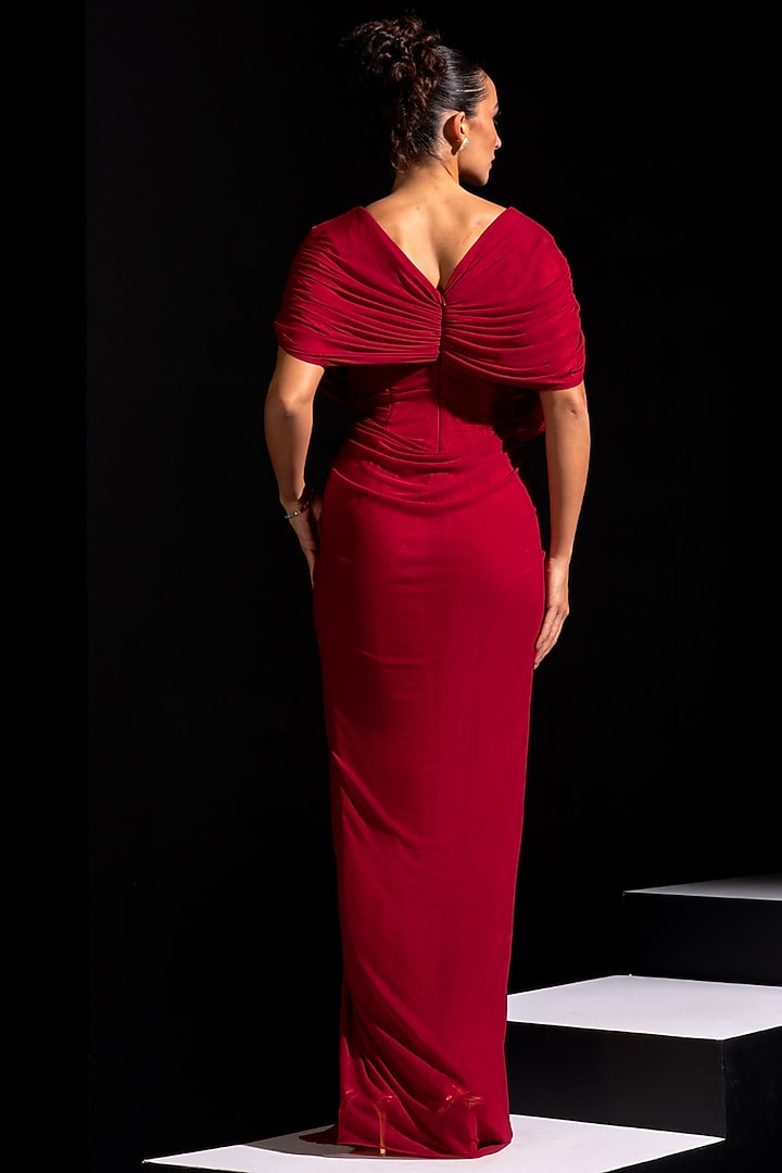 Deep Red Mesh Lycra Draped Party Wear Gown by Vesture at Pernia's Pop Up Shop