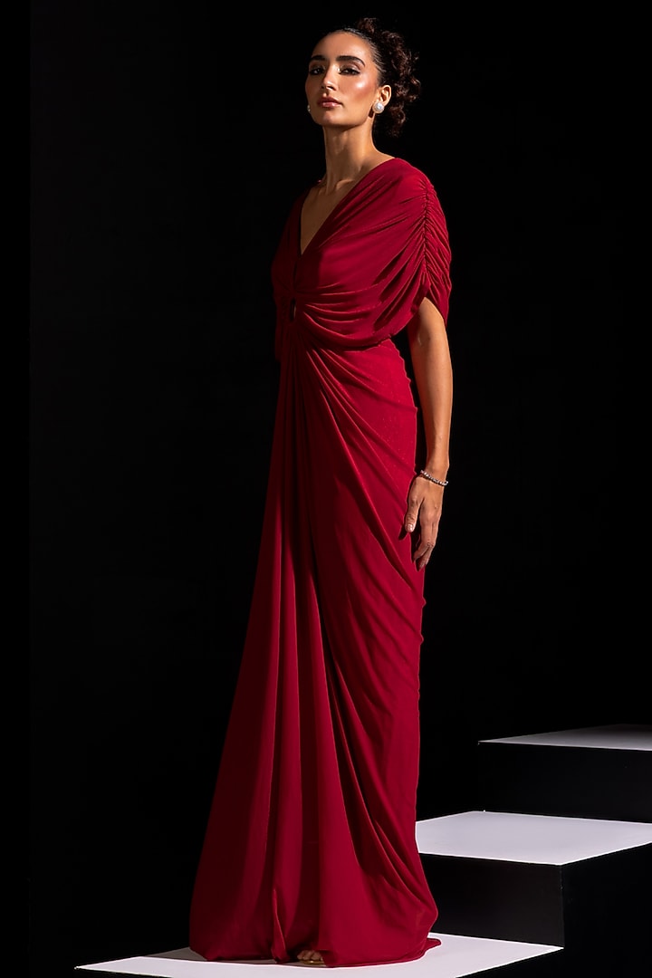 Deep Red Mesh Lycra Draped Party Wear Gown by Vesture at Pernia's Pop Up Shop