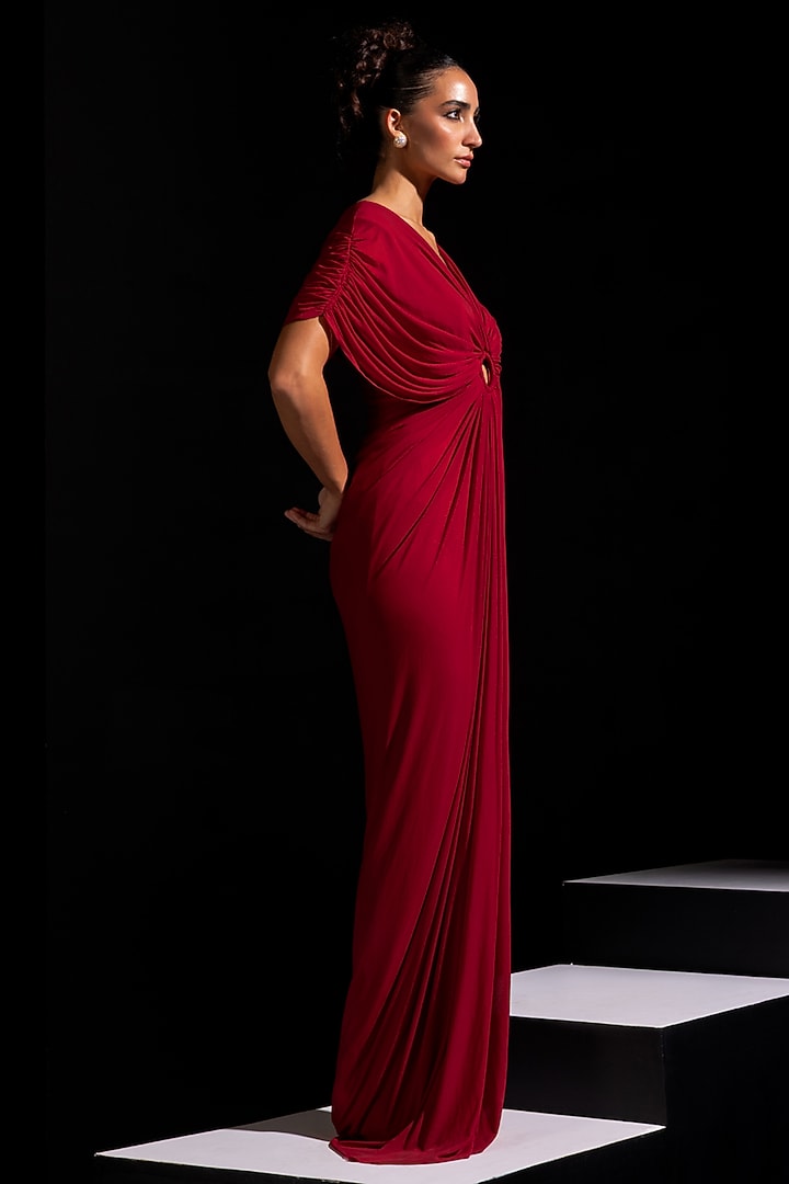 Deep Red Mesh Lycra Draped Party Wear Gown by Vesture at Pernia's Pop Up Shop