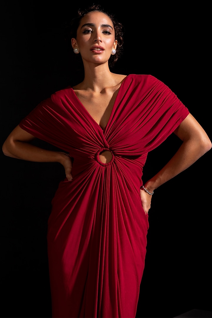 Deep Red Mesh Lycra Draped Party Wear Gown by Vesture at Pernia's Pop Up Shop