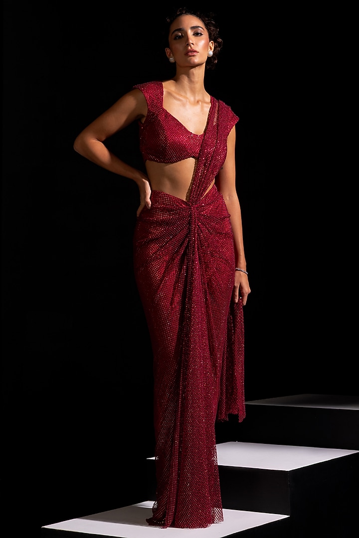Red Swarovski Mesh Pre-Draped Wedding Saree Set by Vesture at Pernia's Pop Up Shop