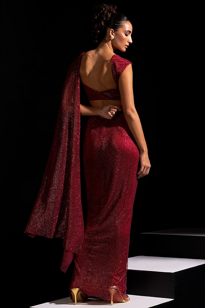 Red Swarovski Mesh Pre-Draped Wedding Saree Set by Vesture at Pernia's Pop Up Shop