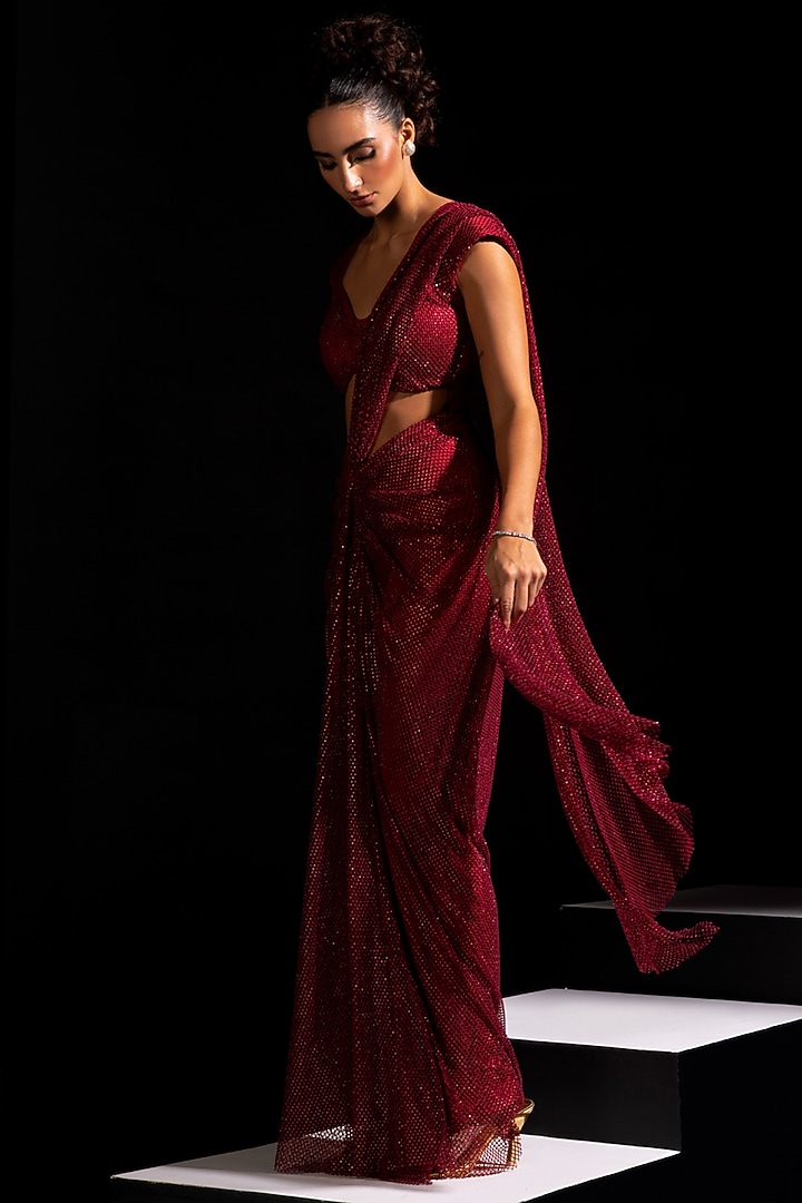 Red Swarovski Mesh Pre-Draped Wedding Saree Set by Vesture at Pernia's Pop Up Shop