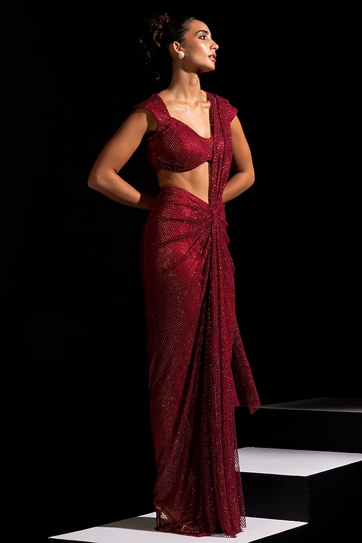 Red Swarovski Mesh Pre-Draped Wedding Saree Set by Vesture at Pernia's Pop Up Shop