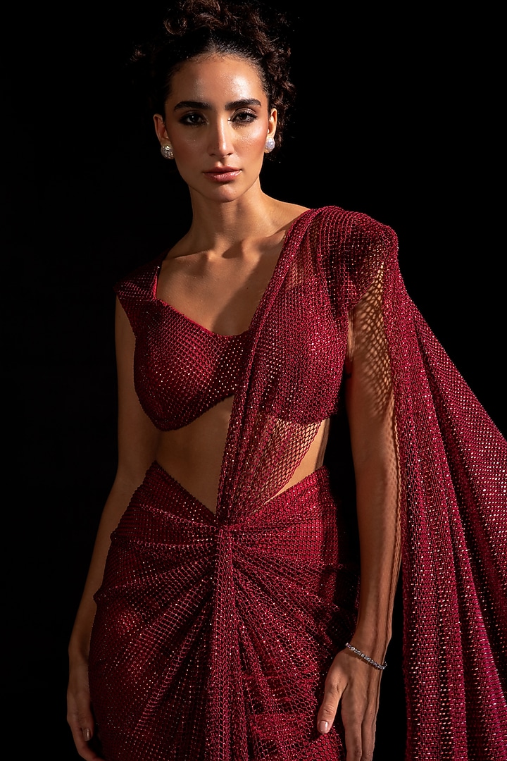 Red Swarovski Mesh Pre-Draped Wedding Saree Set by Vesture at Pernia's Pop Up Shop