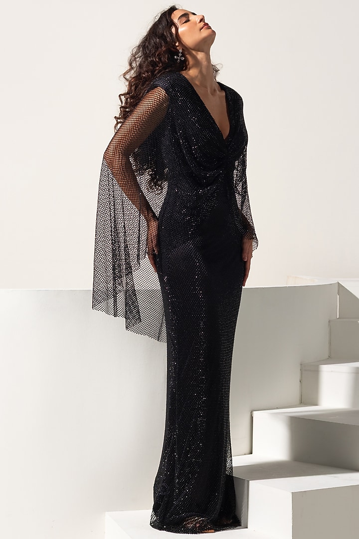 Black Swarovski Mesh Draped Engagement Gown by Vesture at Pernia's Pop Up Shop