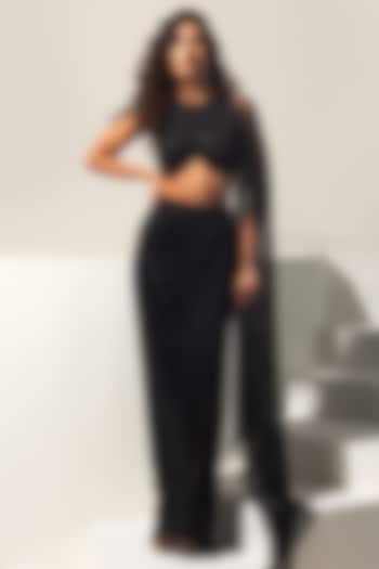 Black Swarovski Mesh Pre-Draped Wedding Saree Set by Vesture at Pernia's Pop Up Shop