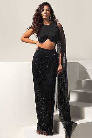 Black Swarovski Mesh Pre-Draped Saree Set by Vesture