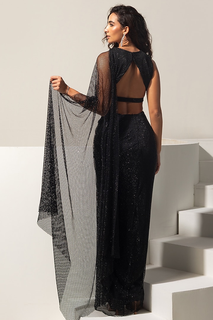 Black Swarovski Mesh Pre-Draped Wedding Saree Set by Vesture at Pernia's Pop Up Shop