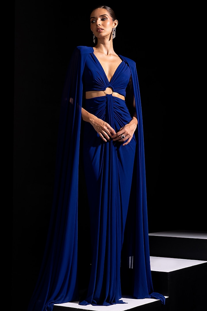 Electric Blue Mesh Lycra Party Wear Gown by Vesture at Pernia's Pop Up Shop