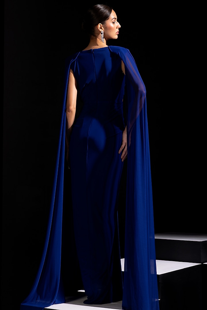 Electric Blue Mesh Lycra Party Wear Gown by Vesture at Pernia's Pop Up Shop