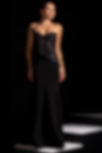 Black Mesh & Imported Semi-Stretch Fabric Fish-Cut Skirt Set by Vesture at Pernia's Pop Up Shop