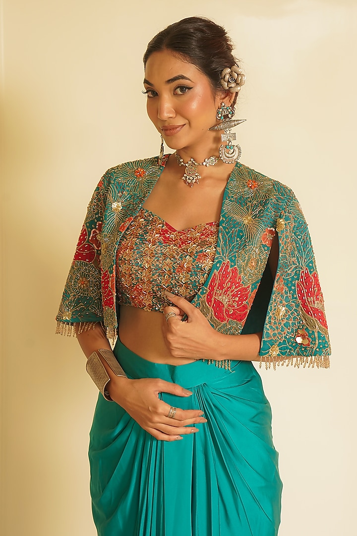 Green Armani Satin Draped Skirt Set by Vesture at Pernia's Pop Up Shop