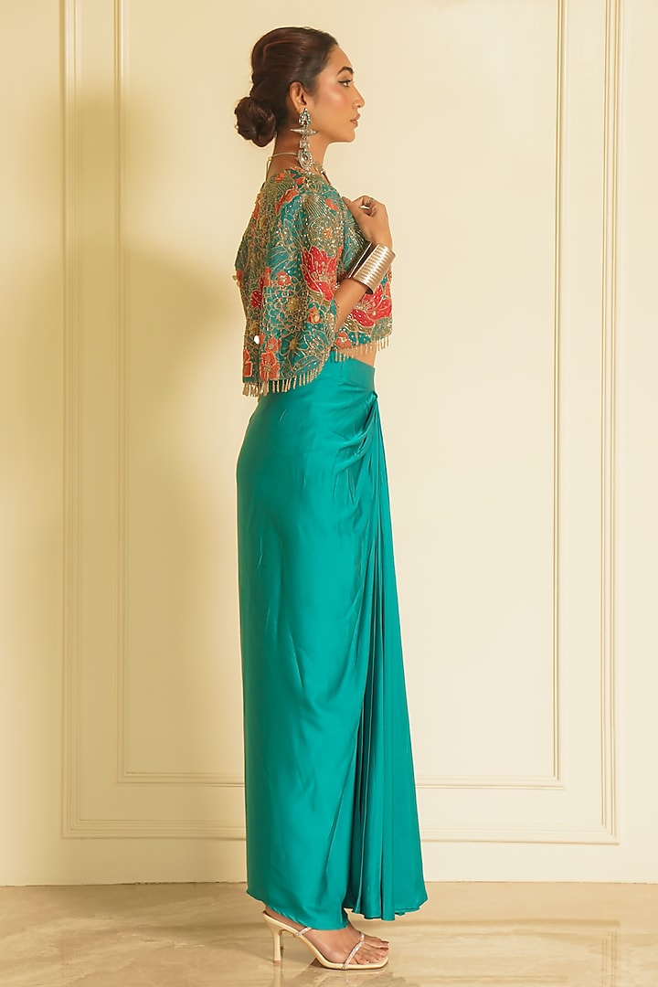 Green Armani Satin Draped Skirt Set by Vesture at Pernia's Pop Up Shop