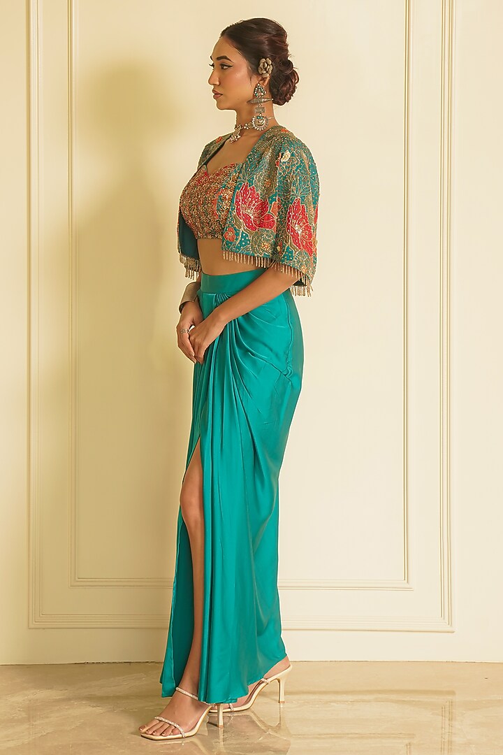 Green Armani Satin Draped Skirt Set by Vesture at Pernia's Pop Up Shop