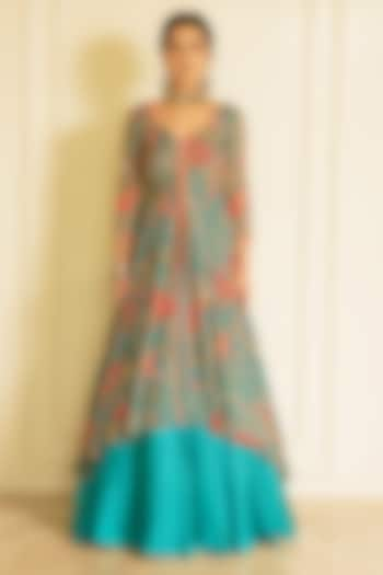 Green Armani Satin Printed Anarkali Gown Set by Vesture at Pernia's Pop Up Shop