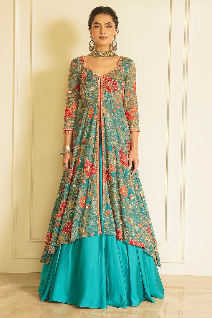 Green Armani Satin Printed Anarkali Gown Set by Vesture at Pernia's Pop Up Shop