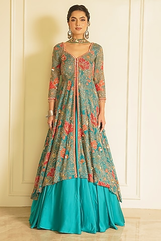 anarkali engagement dresses Gray Georgette Anarkali Engagement Dresses For Women - Thread Embroidery  Work, Print Work main image 0