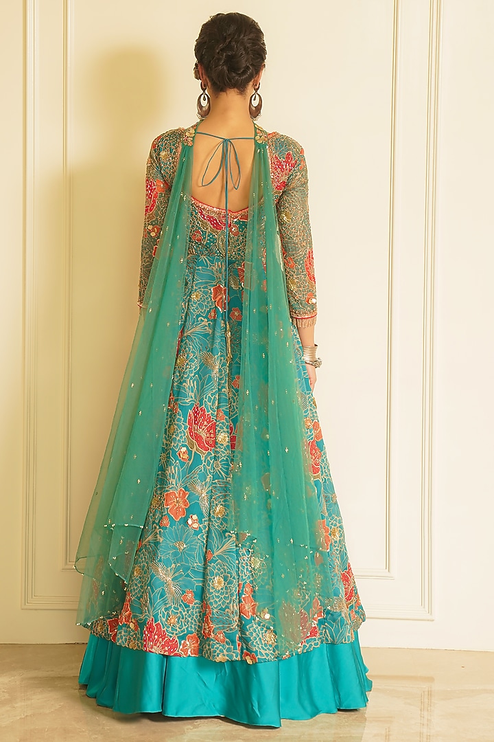 Green Armani Satin Printed Wedding Anarkali Gown Set by Vesture at Pernia's Pop Up Shop