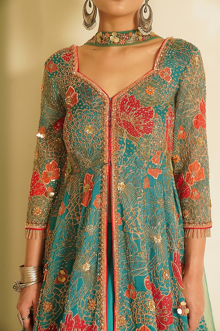 Green Armani Satin Printed Anarkali Gown Set by Vesture at Pernia's Pop Up  Shop 2026