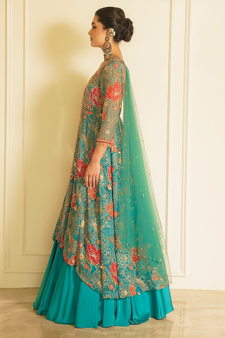 Green Armani Satin Printed Wedding Anarkali Gown Set by Vesture at Pernia's Pop Up Shop