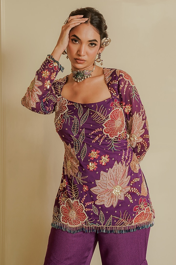 Purple Crepe Printed Kurta Set by Vesture at Pernia's Pop Up Shop
