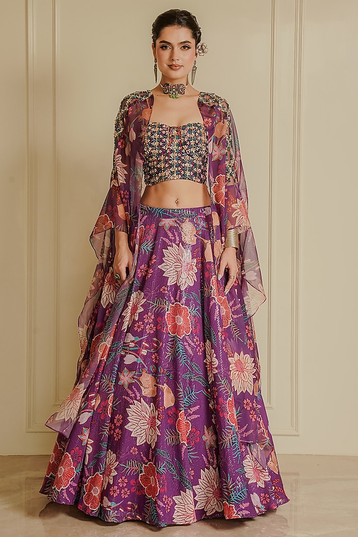 Purple Organza Printed Wedding Lehenga Set by Vesture at Pernia's Pop Up Shop