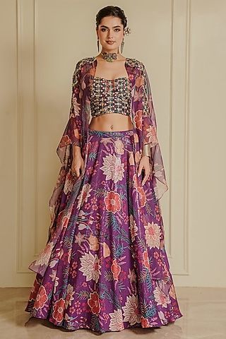 Purple Organza Printed Lehenga Set by Vesture