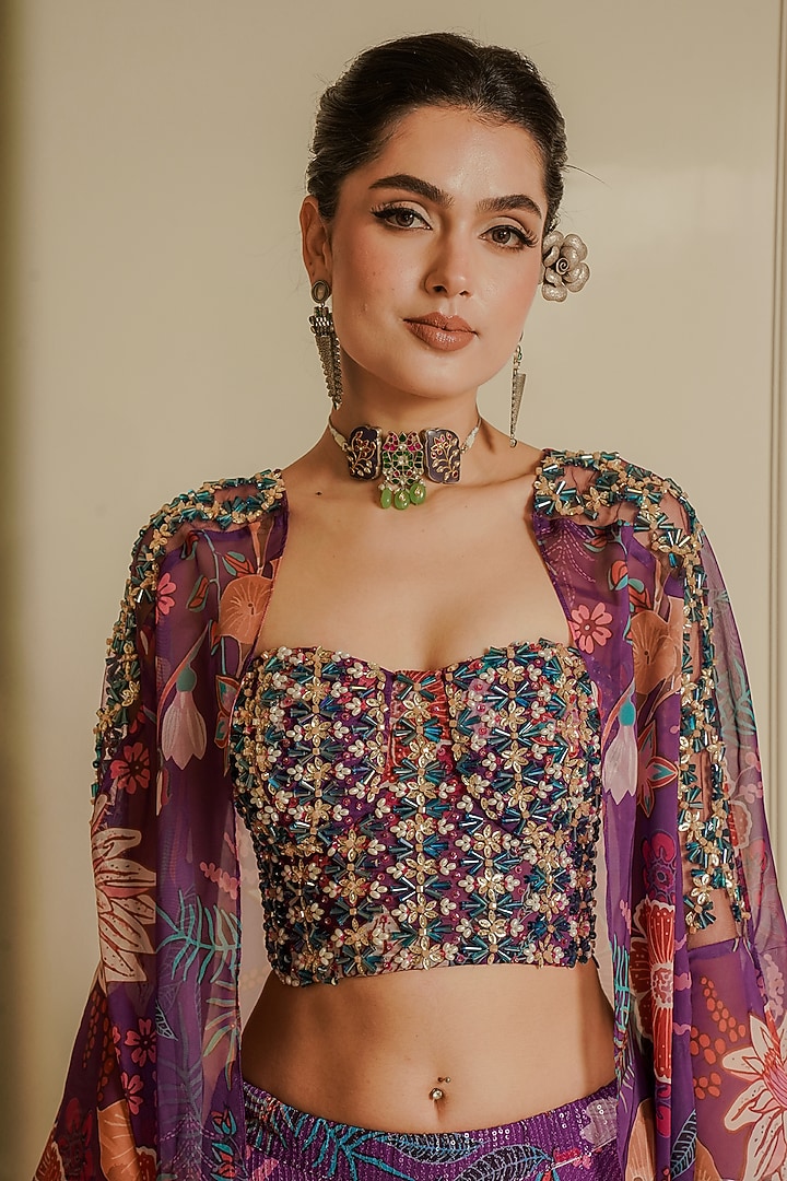 Purple Organza Printed Wedding Lehenga Set by Vesture at Pernia's Pop Up Shop