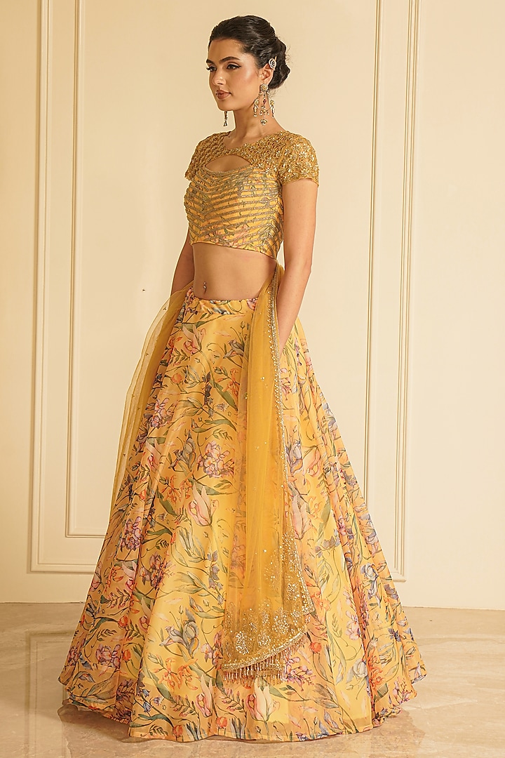 Yellow Organza Printed Wedding Lehenga Set by Vesture at Pernia's Pop Up Shop