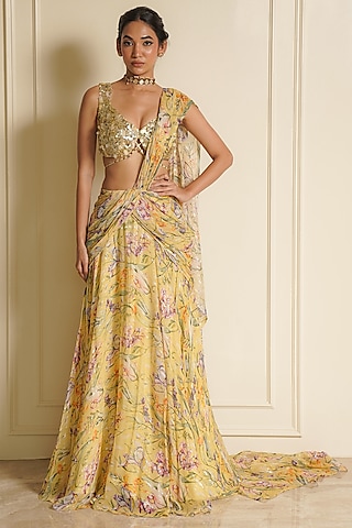 Yellow Chiffon Printed Ready-To-Wear Saree Set by Vesture