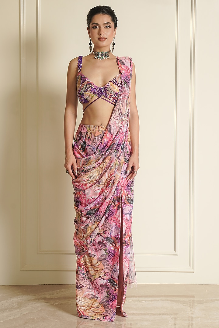 Multi-Colored Sequins Printed Ready-To-Wear Saree Set by Vesture at Pernia's Pop Up Shop