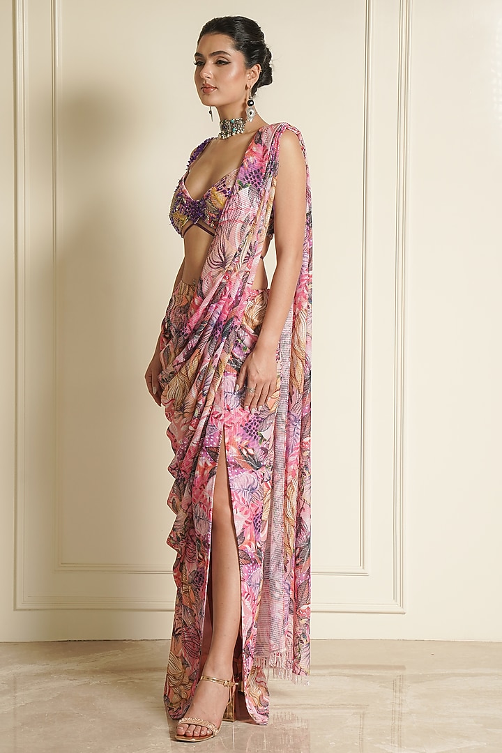 Multi-Colored Sequins Printed Ready-To-Wear Wedding Saree Set by Vesture at Pernia's Pop Up Shop