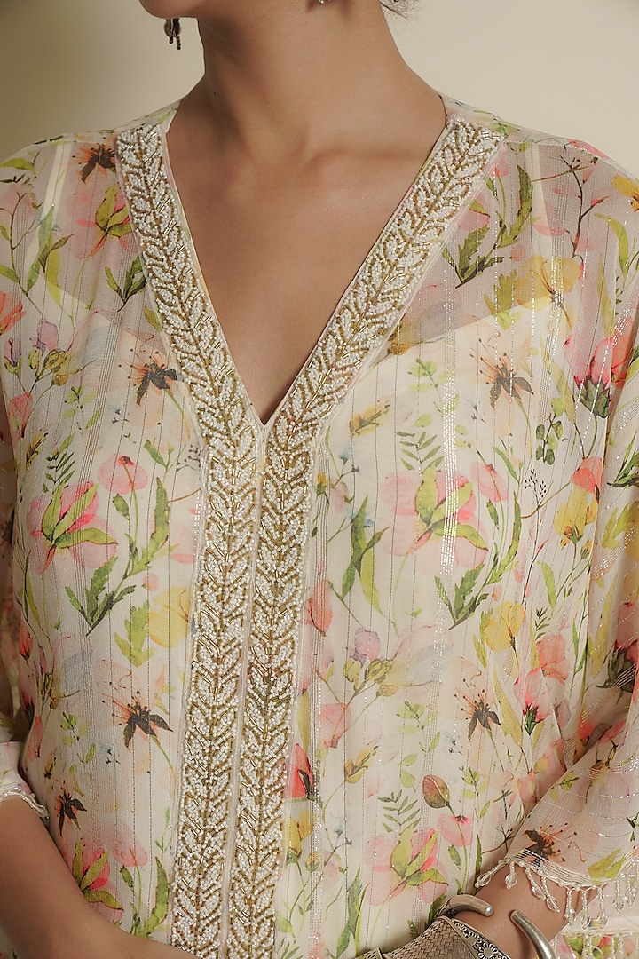 White Chiffon Printed Kaftan Set by Vesture at Pernia's Pop Up Shop