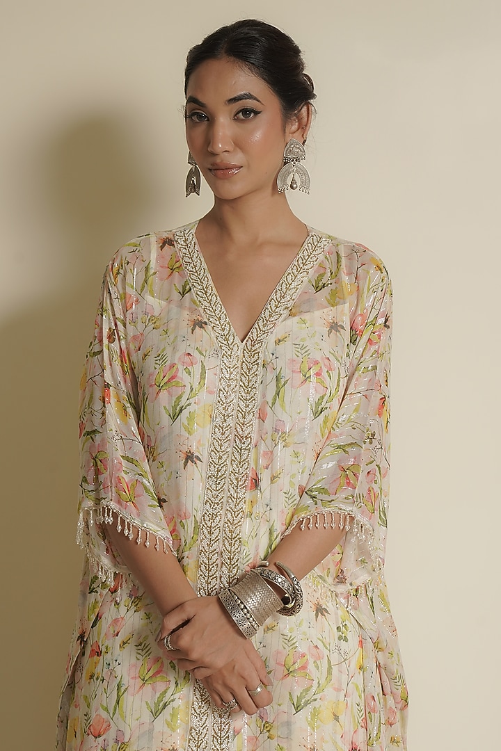 White Chiffon Printed Kaftan Set by Vesture at Pernia's Pop Up Shop