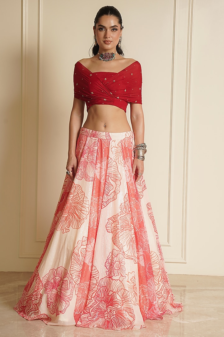 Orange Crepe Printed Lehenga Set by Vesture at Pernia's Pop Up Shop