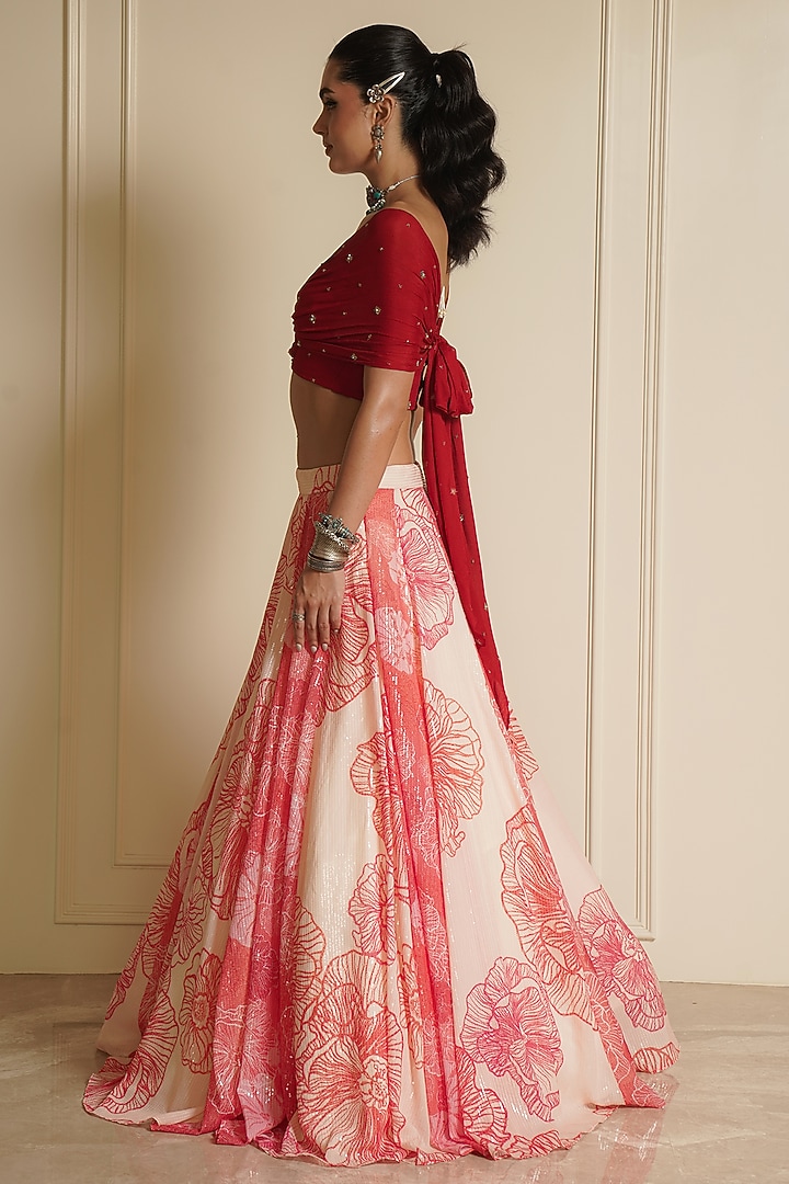 Orange Crepe Printed Wedding Lehenga Set by Vesture at Pernia's Pop Up Shop